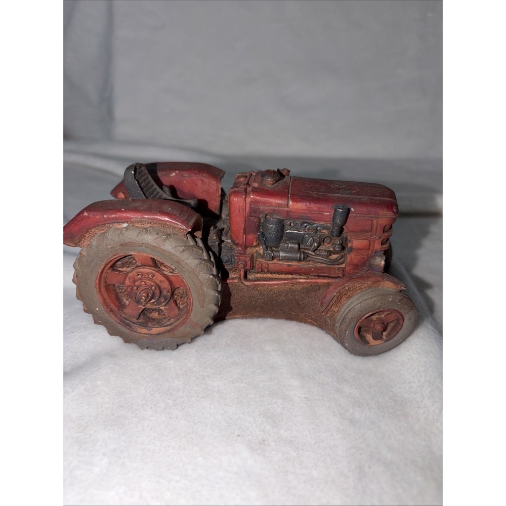 Vintage 90s Red Clay Tractor Sculpture 6" Weathered Farm Figurine Rustic Decor